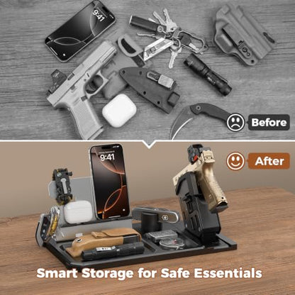 ONNAIS EDC Organizer with Detachable Quick-Access Gun Trigger Lock | Gift for Men; Desk & Nightstand Organizer; Biometric PIN Key Access; Pistol Rack; Phone Stand
