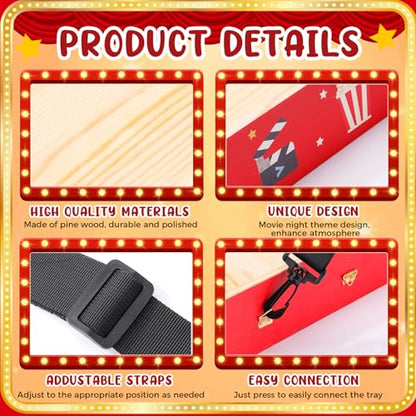 Movie Night Trays with Strap 15 x 10 x 3 Inch Wooden Snack Tray Party Wearable Serving Trays Usherette Popcorn Drink Beverage Carrier for Theater Family Room Film Carnival Prop Supplies(Party Style) - style: Party Style