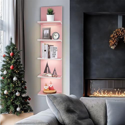 5 Tier Pink Wall Shelf Unit, Pink Shelves, Wall Shelves for Bathroom,Bedroom, Vanity Shelves, Wall Mount Vertical Lack Shelf with led - color: Pink