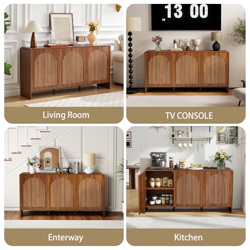 59" Long Buffet Cabinet with Storage, 3 Door Sideboard Kitchen Cabinet with Adjustable Shelf, Wood TV Stand Console Table for Living Room, Arched Accent Sorage for Coffee Bar (3 Doors - Walnut)