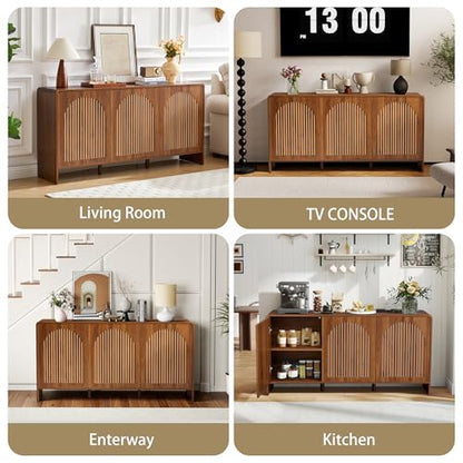 59" Long Buffet Cabinet with Storage, 3 Door Sideboard Kitchen Cabinet with Adjustable Shelf, Wood TV Stand Console Table for Living Room, Arched Accent Sorage for Coffee Bar (3 Doors - Walnut)
