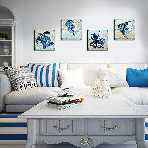 Boho Beach Bathroom Decor Navy Blue Fish Sea Turtle Jellyfish Octopus Canvas Wall Art Ocean Picture Nursery Kids Under the Sea Animal Painting for Living Room Bedroom Office Home Decorations 12x12" 4P - color: Jellyfish, size: 12x12in