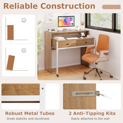 Tangkula Extendable Computer Desk with 2 Storage Drawers, Convertible Home Office Desk with Monitor Shelf, Metal Frame & Lockable Wheels, Rolling Study Writing Desk (Natural) - color: Natural