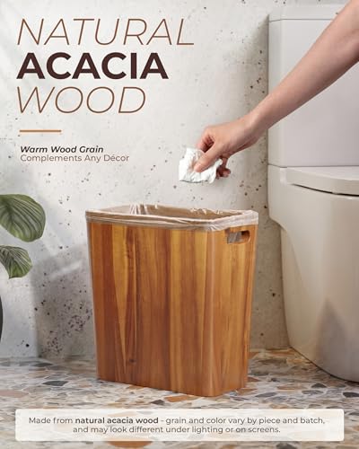 BLUEWEST 2.6 Gallon Acacia Wooden Bathroom Trash Can, Small Wastebasket with Handle, Decorative Wood Bin for Bedroom, Office or Under Counter Use