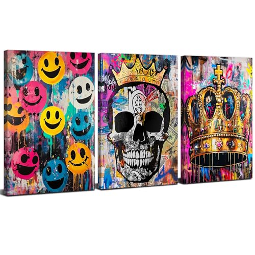 Skull Wall Art Banksy Graffiti Pictures Wall Decor Colorful Smile Expression Prints Paintings Street Abstract Gold Crown Artwork for Living Room Bedroom Bathroom Man Cave Home Decorations 12x16" 3pcs - color: Banksy Skull, size: 12"l X 16"w