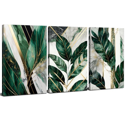 Emerald Green Plant Wall Art Bathroom Botanical Wall Decor Abstract Tropical Leaf Canvas Pictures for Living Room Green Marble Painting Boho Monstera Sage Posters Artwork Home Decoration 12x16” 3P - color: Tropical Leaf, size: 12"l X 16"w