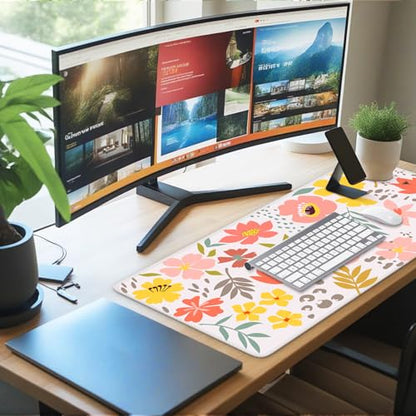 iCasso Desk Matt for Desktop, Cute Desk Pad Mat, XXL Large Mouse Pad, Anti-Slip Big Mousepad with Stitched Edges, Keyboard Pad Mouse Mat for Computer, Work, Gaming (Flowers Leaves) - color: Flowers Leaves