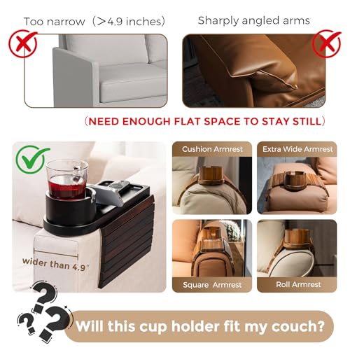 Couch Cup Holder for Armrests Over 4.9" Wide, Bamboo Couch Arm Tray with 360° Rotating Phone Stand, 3 in 1 Foldable Sofa Arm Tray Table for Remote, Snacks, Phone, Drinks Walnut - color: Walnut+bamboo