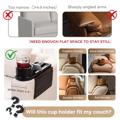 Couch Cup Holder for Armrests Over 4.9" Wide, Bamboo Couch Arm Tray with 360° Rotating Phone Stand, 3 in 1 Foldable Sofa Arm Tray Table for Remote, Snacks, Phone, Drinks Walnut - color: Walnut+bamboo