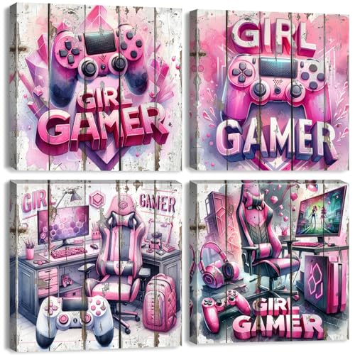 Gaming Wall Decor for Bedroom Pink Gaming Poster Cool Game Canvas Prints for Teen Girls Boys Retro Gamepad Headphone Canvas Pictures Video Game Painting for Girls Boy Playroom Decoration 12x12" 4 Pcs - color: Gaming, size: 12 x 12 in