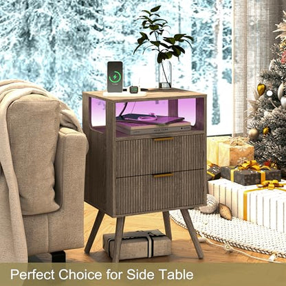 JOONEE Nightstand with Charging Station and LED Lights,Modern Bedside Table with 2 Storage Drawer and Open Wood Shelf, for Bedroom and Small Spaces,Night Stand with Solid Wood Legs,GreyOak - color: Greyoak