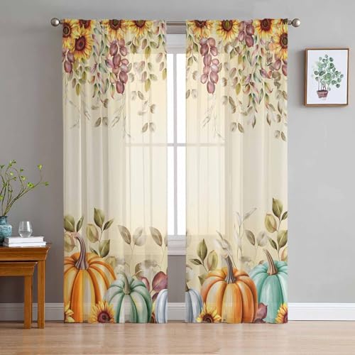Thanksgiving Pumpkins Eucalyptus Leaves Sheer Curtains 84 Inch Length 2 Panels Set for Living Room/Bedroom,Fall Sunflowers Semi Curtain Sheers Drapes Rod Pocket Floral Curtains Window Set 52x84x2 Inch - color: Fall, size: 52"W x 84"L (Pack of 2)