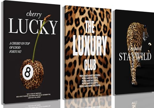 Fashion Leopard Wall Art Set of 3, Trendy Animal Print Canvas Wild Cheetah Inspirational Lucky 8 Ball Painting Wall Decor Artwork for Girls Bedroom Living Room Office Bar Home Decor 24x16 in Framed - color: Black Leopard, size: 24"Lx16"W