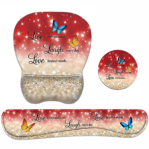 Ergonomic Mouse Pad Wrist Support and Keyboard Wrist Rest Set with Coasters, Non-Slip PU Base, Easy Typing & Pain Relief, Perfect for Home Office Working Studying, Red Glitter Quote Live Laugh Love - color: Red Glitter Quote Live Laugh Love