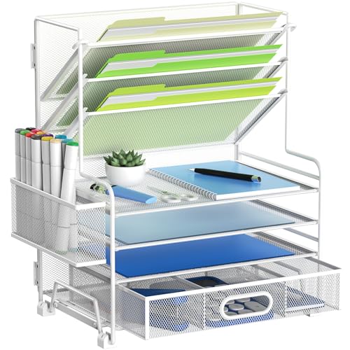 MINDEPOT 4-Tier Paper Organizer + 3-Pocket File Holder + Drawer + Pen Holders, Desktop File Organizers Paper Tray for Office Supplies School Classroom Organization (White, with Drawer & Pen Holder) - color: White, with Drawer & Pen Holder