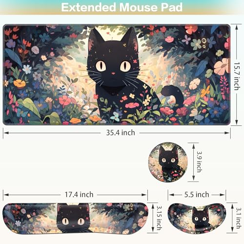 Mouse Pad Anime, Mouse Pad with Wrist Rest, 4-in-1 XXL Large Desk Mat Kawaii Mousepad with Gel Wrist Support Keyboard Wrists Rest Coaster, Ergonomic Gaming Cat Desk Pad, Funny Cute Office Accessories - color: Flowers&Cat