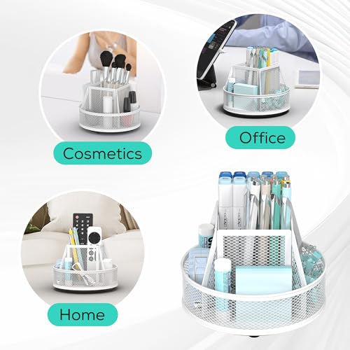 YINGHUA Metal Mesh Desk Organizer with 5 Compartments and Rotating Pencil Holder Pen and Stationery Organizer for Office Home School Anti Slip Base White - color: White