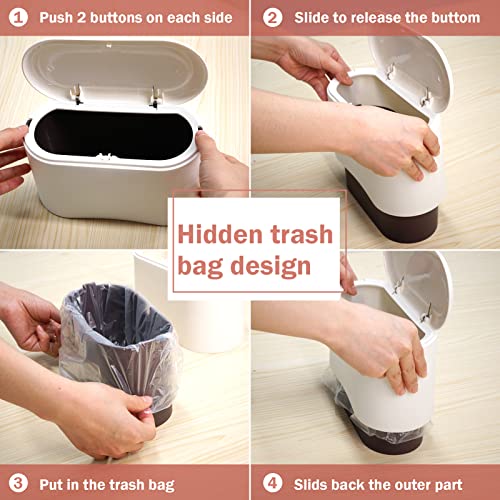 Mini Desk Trash Can with Lid with 90 Pcs Trash Bag, Lint Bin 0.5 Gallon Countertop Waste Bin for Table Tiny Garbage Can for Office Bedroom (White)