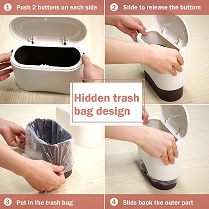 Mini Desk Trash Can with Lid with 90 Pcs Trash Bag, Lint Bin 0.5 Gallon Countertop Waste Bin for Table Tiny Garbage Can for Office Bedroom (White)