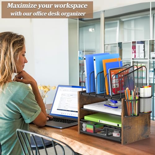 DAOUTIME 4-Tier Mesh Desk Organizer, Wooden Desk File Organizer with 5 Vertical File Holders and 2 Pen Holders, Desktop Organizers and Accessories with Drawer for Home Office - size: With Drawer