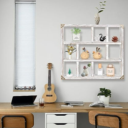 17.7x15.7-Inch Shadow Box Shelf 9-Slot Rustic Floating Shelves Larger Wall Mounted Shelf Lightweight Solid Wood Display Shelf Freestanding Farmhouse(9C-Rustic White) - color: 9c-rustic White, size: 1 PCS