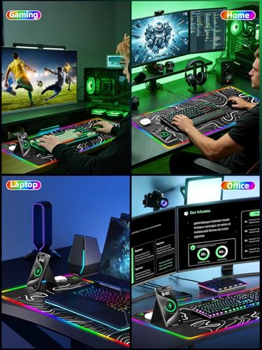 Mouse Pad with Foldable Phone Holder & Wireless Charger, XXL RGB Gaming Mousepad 31.5"x15.8" Large Desk Mat for Keyboard, 11 Colors 5 Modes - color: Topographic-Phone Holder-31.5"x15.8"