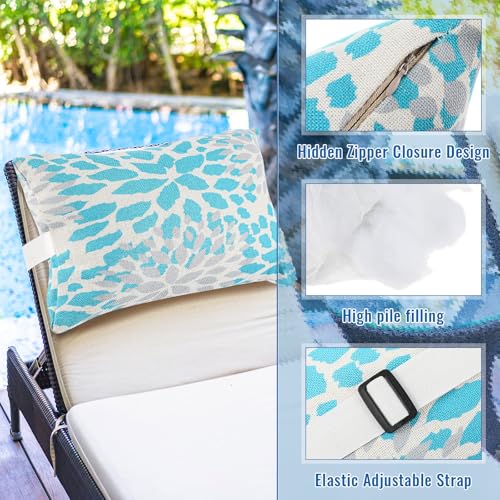 Juexica 2 Pack Chaise Lounge Pillow with Strap Outdoor Waterproof Beach Chair Neck Headrest Pillow Adjustable Elastic Band for Hammock Lumbar Recliner Pillows for Patio Pool Chair(Advanced Style) - style: Advanced Style