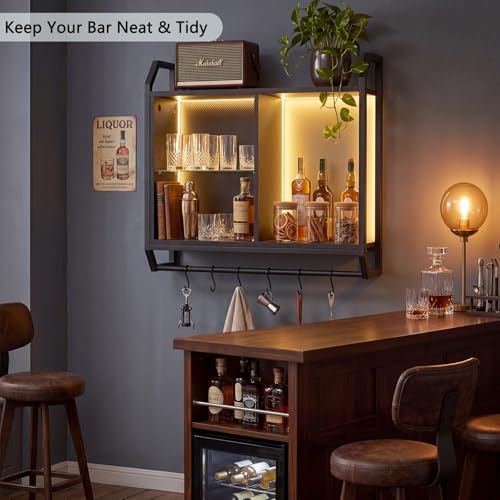 Gaming Floating Wall Shelves with Led Lights, Wall Mounted Shelf, 24" Led Lights and Adjustable Glass Bar Wine Shelf, Black Wall Shelf with 6 Hooks for Gaming Room Bedroom Living Room