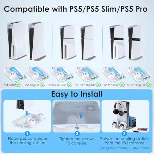 PS5/Slim/Pro Stand and Cooling Station with Dual Controller Charging Station for PlayStation 5 Console Disc & Digital, PS5 Controller Charger and Cooling Fan with Game Storage, Headset Holder