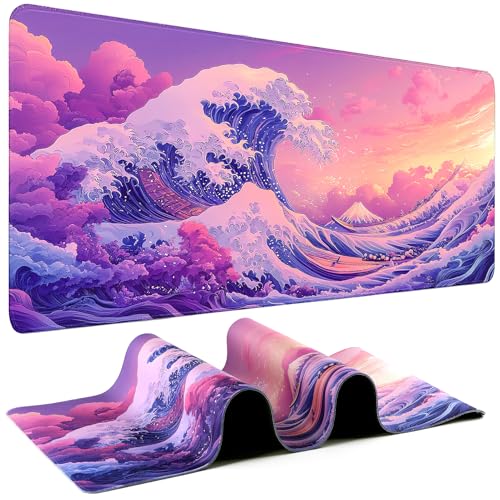 Mouse Pad Gaming - Desk Mat for Keyboard and Mouse - Kanagawa Large Mouse Pad for Desk, Japanese Sea Wave Mousepad (31.5" x 11.8") with Non-Slip Base, Desks Pad Mat for Gaming, Office and Home - color: Pink Japanese Wave, size: 31.5L x 11.8W inches