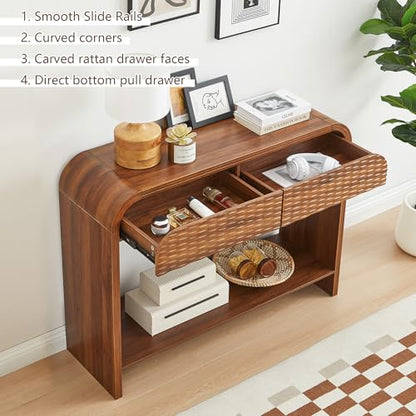 Curved Console Table Arch with Storage, Narrow Entryway Table with Drawers, 43.3'' Couch Table Behind Sofa Long and Skinny for Living Room TV, Hallway Entrance Foyer, Mid Century Farmhouse Rattan