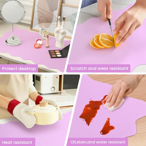PU Leather Desk Pad, Scalloped Non-Slip Mouse Pad & Large Desk Mat Cover Stitched Edges Writing Pad for Office, Home - Waterproof, Easy to Clean, Durable Surface I 31.4"x15.7", Bonbon Pink - color: Bonbon Pink