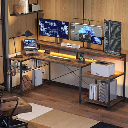 Bestier 71.5 inch Computer Desk with Power Outlets, L Shaped LED Home Office Desk with Long Monitor Stand, Large Corner Desk with Storage Shelf, Cup Holder & Headset Hooks, Modern Simple Table | Printer Shelf, Adjustable Metal Grid, Adjustable Monitor Sta