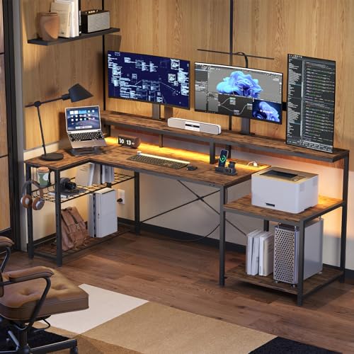 Bestier 71.5 inch Computer Desk with Power Outlets, L Shaped LED Home Office Desk with Long Monitor Stand, Large Corner Desk with Storage Shelf, Cup Holder & Headset Hooks, Modern Simple Table | Printer Shelf, Adjustable Metal Grid, Adjustable Monitor Sta