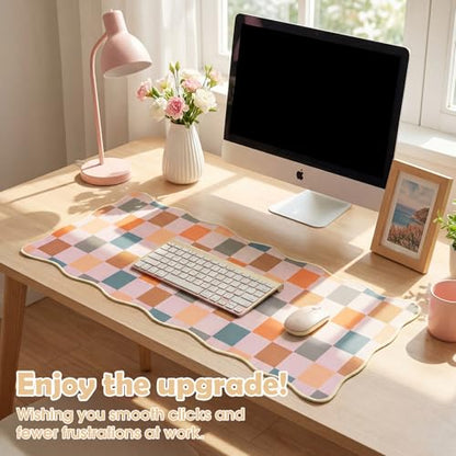 Copkim 1 Pcs Boho Scalloped Checkered Desk Mat 31.5 x 11.8 Inch Large Cute Mouse Pad Computer Mat Non Slip Waterproof Rubber Base with Border Stitching Soft Keyboard Pad for Home Office Gaming Makeup - color: Boho, style: Checkered