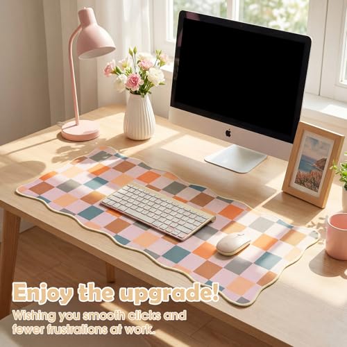 Copkim 1 Pcs Boho Scalloped Checkered Desk Mat 31.5 x 11.8 Inch Large Cute Mouse Pad Computer Mat Non Slip Waterproof Rubber Base with Border Stitching Soft Keyboard Pad for Home Office Gaming Makeup - color: Boho, style: Checkered