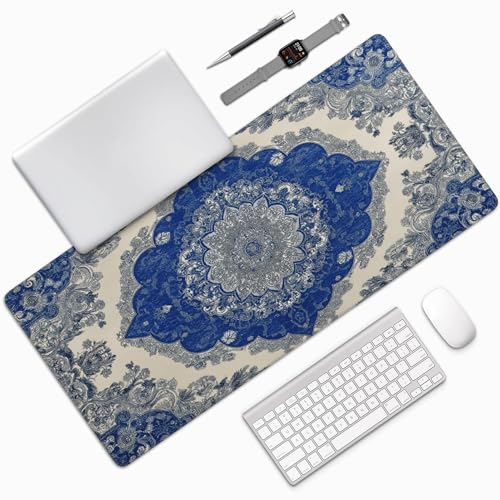 Extended Mouse Pad, Persian Rug Design, Blue and Beige, 35.4x15.7 Inches, Rubber Base with Stitched Edges, Gaming Keyboard Desk Mat - color: Blue Carpet