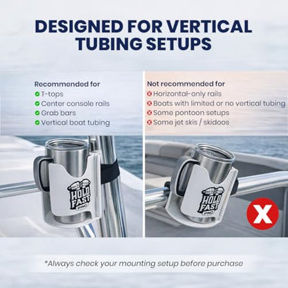 HoldFastPro Boat Cup Holder, Adjustable Universal Boat Cup Caddy for Rails & Grab Bars, Marine Drink Holder for Center Console, & T-Top Mounting, White - color: White