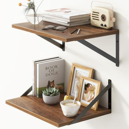 Walnut Floating Shelves Set of 2 - 16"W x 12"D Wide Display Ledges for Bedroom, Bathroom - 12 Deep Bookshelf Wall Mounted - color: Walnut, size: 16"W x 12"D
