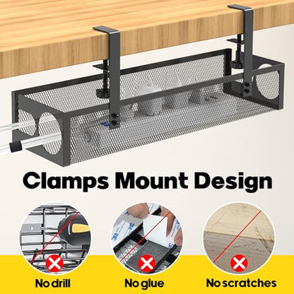 Under Desk Cable Management Tray No Drill 15.1’’, Metal Mesh Cable Management Box with Hybrid Side Slots Cable Raceway,Adjustable Cable Tray with Wire Management for Office Home,1 Pack (Black)