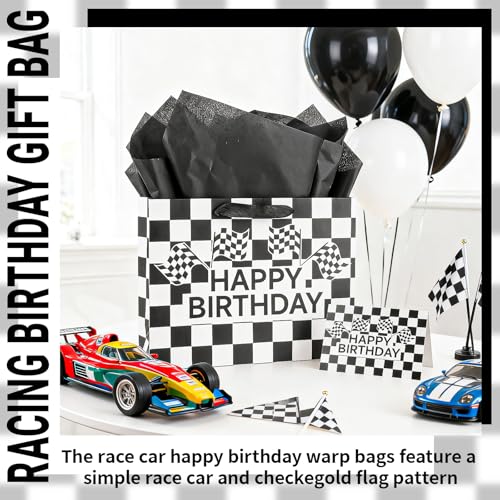 LERCTH Racing Car Happy Birthday Bag Black Grid Gift Bags Paper Tote Bag with Handles Gifts Wrap Paper Reusable Birthday Gift's Bag for Men Women Boys Teenager Soccer Boy - color: Checkered Racing gift bag, size: 1 count (Pack of 1)