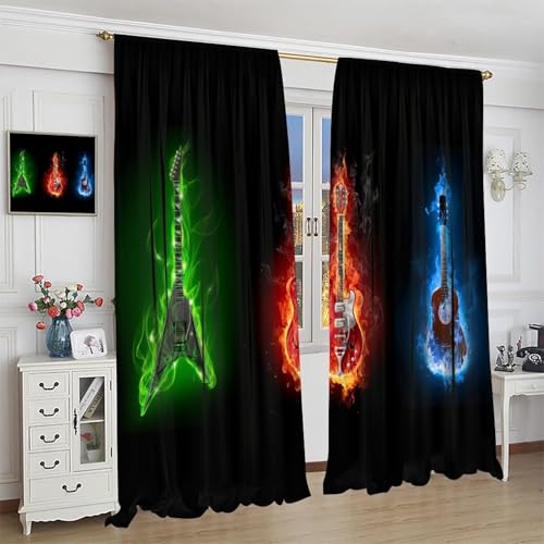 Guitar Curtains, Fire Burning Electric Guitar Rock Music Theme Window Curtains Drapes for Bedroom Living Room Home 42" W X 45" L(No Blackout) - color: Musical-1, size: 20.5"W x 45"L (Pack of 2)