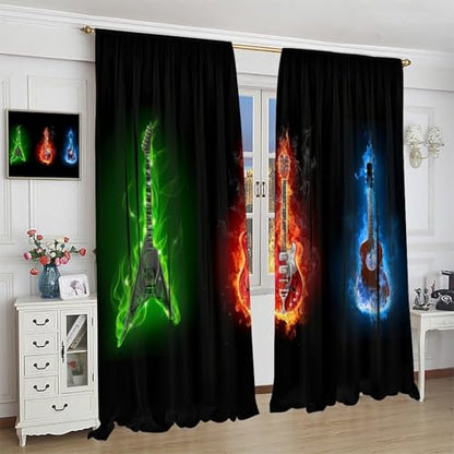 Guitar Curtains, Fire Burning Electric Guitar Rock Music Theme Window Curtains Drapes for Bedroom Living Room Home 42" W X 45" L(No Blackout) - color: Musical-1, size: 20.5"W x 45"L (Pack of 2)