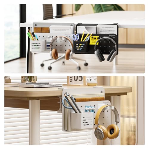 PEGZONE Desk Side Storage Organizer, No Drill Under Desk Laptop Holder, Clamp on Desks Shelf with Pegboard Accessories, Hanging Laptop Mount, Fits Flat Edge 0.4" to 2.2", White - color: White