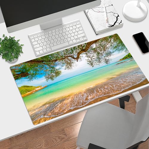 EOBTAIN Beach Mouse Pad Nature Large Extended Gaming Mouse and Keyboard Pad 31.5x15.7 Inch Non-Slip Rubber Extended XXL Mousepad for Office Laptop Computer and Home Desk Mat with Stitched Edges - color: Green