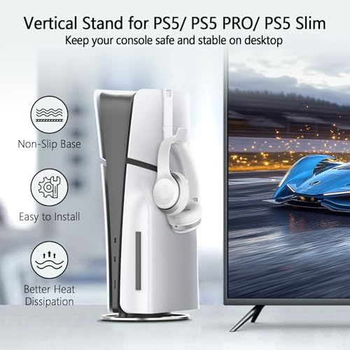 AceGamer Vertical Stand for PS5/Pro/Slim Console with Headset Holder, Non-Slip Base Mount for PlayStation 5 Vertical Dock Electronic Accessories, Anti-Rollover Stand for P5, Black