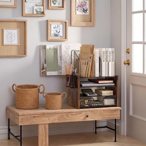 Wood Desk Organizer - 4-Tier Desktop File Organizer with Drawer, Wooden Paper Tray, Vertical File Holders & 2 Pencil Holders - Office Desk Organizer for Papers, Mail, Notebooks, Stationery - size: 4 Tier Drawer with Vertical File Holder