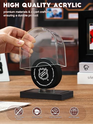 JupDec Hockey Puck and Collectibles Display Case, Premium Acrylic Clear Box Puck Holder with Mahogany Wood Base, Showcase for Autographed Souvenir Memorabilia, Collectible Figure Stand, Black - size: 1 Pack