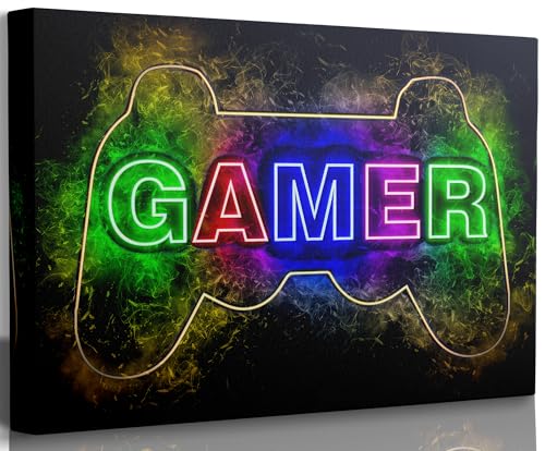 Cool Gaming Canvas Wall Art, Colorful Neon Gamepad Painting Picture Wall Decor, Video Gamer Poster Print Artwork for Teen Boys Room Kids Gamer Room Bedroom Home Decoration 12 x 16 Inch - size: 16"L x 12"W