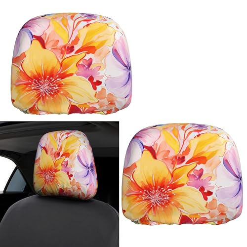 2PCS Headrest Covers for Cars Flowers Print Detachable Head Rest Cover for Women - color: Beautiful Flowers Yellow